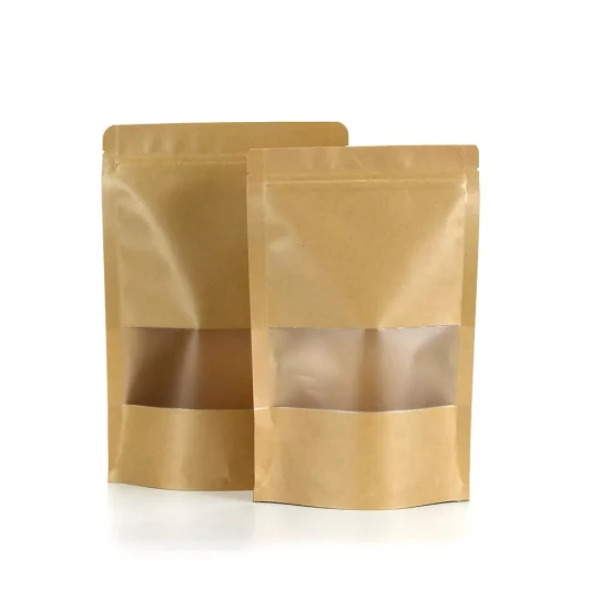 Brown Recycle Individuell bedruckter Druckverschlussbeutel, Kaffeeverpackung, günstiger Doypack-Kraftpapier-Zip-Lebensmittelbeutel mit Fenster